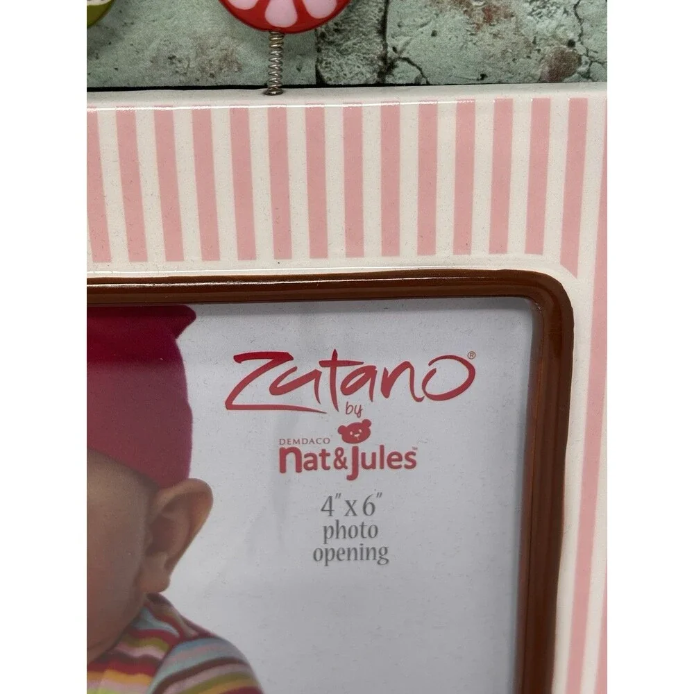 Demdaco Nat & Jules Girls Striped Pink White Ceramic Picture Frame Owls 4 X6”
